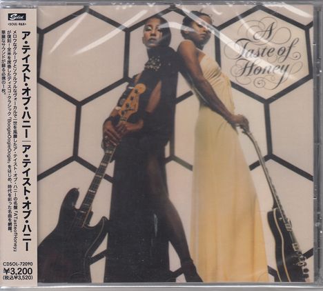 Japanische Schrift links, rechts "A Taste of Honey". Zwei Personen mit Gitarren vor einem Wabenmuster-Hintergrund.