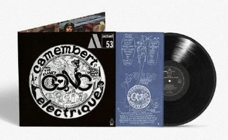 "Camembert Électrique", großes kreisförmiges Logo, Vinylalbum, blaues Informationsblatt mit weiteren Illustrationen.