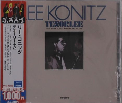 Texte: "LEE KONITZ", "TENORLEE", "WITH JIMMY ROWLES AND MICHAEL MOORE". Schwarz-weißes Foto eines Mannes mit Saxophon.