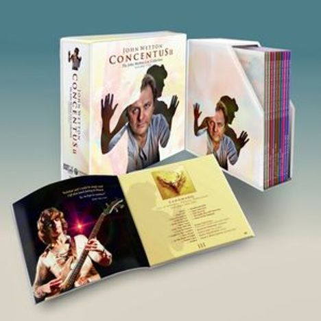 Text: "John Wetton - Concentus." Box-Set mit CDs und Booklet, das eine Person mit Gitarre zeigt.