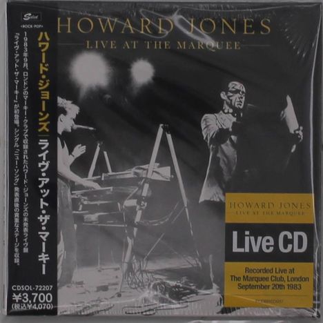 "Howard Jones, Live at the Marquee. Live CD, aufgenommen im Marquee Club, London, 20. September 1983." Schwarz-weiß.