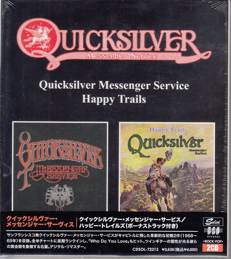 "QUICKSILVER Messenger Service Happy Trails" in großer Schrift. Zwei Albumcover: links rot-schwarz, rechts Cowboy-Motiv.