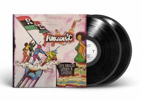 Text: "Funkadelic", "One Nation Under a Groove". Buntes Cover mit tanzenden Figuren und zwei Schallplatten.