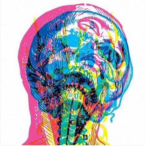 Buchstaben "Y", "U", "R" in einer multicolorierten Illustration eines transparenten menschlichen Schädels mit überlagerten Farben.