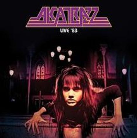 "ALCATRAZZ LIVE '83" in lila Buchstaben; Frau klettert aus düsterem Kircheninneren.