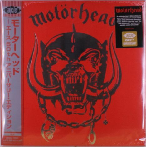 "Motörhead" oben, japanische Schriftzeichen seitlich, 50th Anniversary Hinweis. Illustration eines furchterregenden Monsters.