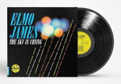 "Elmo James: The Sky Is Crying" in blauer und weißer Schrift. Bunte Lichter und ein Vinyl-Schallplatte. Sphere Sound Logo.