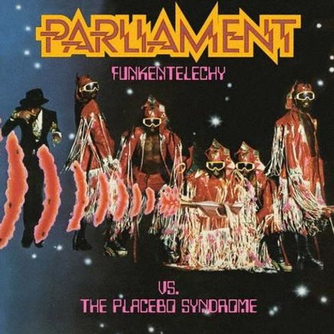 Parliament Funkentelechy vs. The Placebo Syndrome. Gruppe in futuristischen roten Kostümen mit Fransen und Brillen.