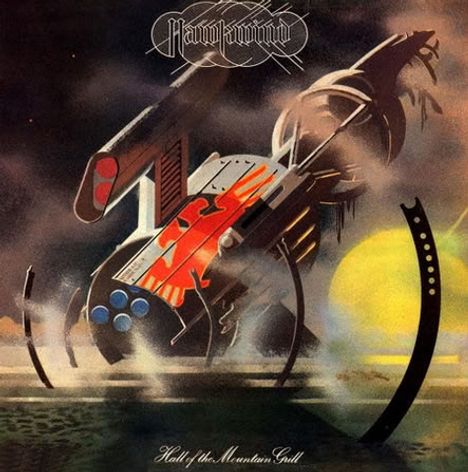"Hawkwind" steht oben, "Hall of the Mountain Grill" unten. Sci-Fi-Illustration mit Raumschiff und surrealer Landschaft.
