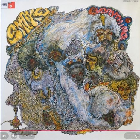 "Smoke" in gelben, stilisierten Buchstaben. "Everything" oben rechts in Rot. Illustration mit abstrakten Gesichtern und Farben.