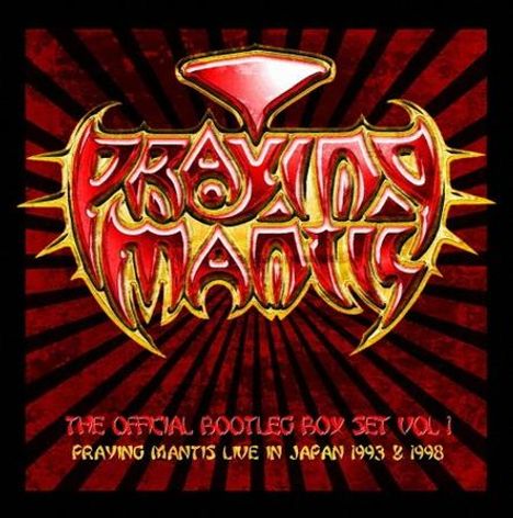 Text: "The Official Bootleg Box Set Vol 1 Praying Mantis Live in Japan 1993 & 1998" in rotem und gelbem Design auf dunklem Hintergrund.