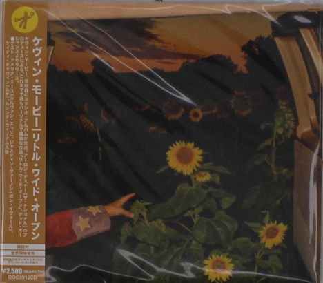Japanischer Text auf orangefarbenem Streifen, Sonnenblumenfeld bei Sonnenuntergang, ausgestreckter Arm.