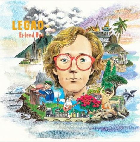 Text: "LEGAO Erlend Øye". Illustration eines Mannes mit roten Brillen, umgeben von verschiedenen Landschaften und Szenen.