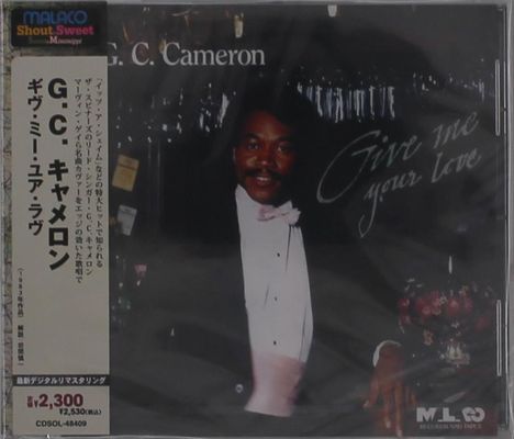 CD-Cover mit Texten: "G.C. Cameron", "Give me your love", japanische Schrift, Preis 2,300 Yen. Mann im Anzug.