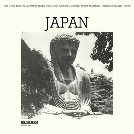 JAPAN, darunter ein großer Buddha, umgeben von Bäumen. Text: "FOLK-MUSIC · NATIONAL CHARACTER · EXOTIC".