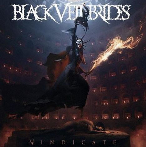 "BLACK VEIL BRIDES" und "VINDICATE". Eine dramatische Illustration einer Gestalt mit Flamme in dunkler Umgebung.