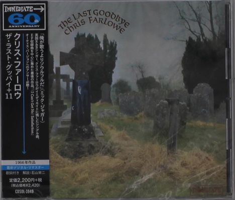 "The Last Goodbye Chris Farlowe" im oberen Bereich. Friedhofsszene mit alten Grabsteinen und kahlen Bäumen.