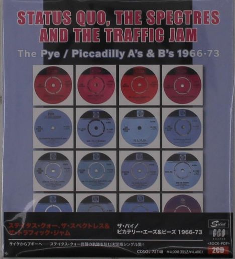 "STATUS QUO, THE SPECTRES AND THE TRAFFIC JAM" oben, "The Pye / Piccadilly A's & B's 1966-73" darunter. 16 Vinyl-Single-Illustrationen.