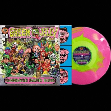 "Green Jellÿ Garbage Band Kids" auf dem Cover. Illustration: Bunte, skurrile Figuren. Pink-grünes Vinyl-Schallplatte-Design.