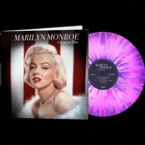 Text: "MARILYN MONROE Greatest Hits". Plattencover mit Porträt einer glamourösen Frau und lilafarbenem Schallplatten-Design.