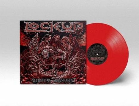 "Lock Up" und "Necropolis Transparent". Rotes Vinyl vor einem düsteren, detaillierten, illustrativen Cover mit Figuren.