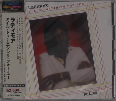 "Latimore, I’ll Do Anything for You" steht oben. Japanische Schriftzeichen links. Ein Mann in weißem Anzug, unscharf.