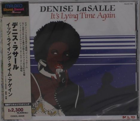 CD-Cover mit dem Titel: "DENISE LaSALLE It's Lying Time Again". Illustration einer Frau mit Mikrofon. Japanische Texte links.