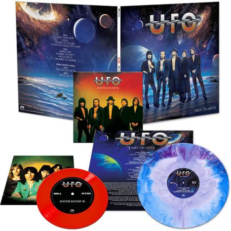 Das Bild zeigt mehrere Alben und Schallplatten von "UFO" mit Cover-Art zu "Walk on Water" und "Doctor Doctor '95".