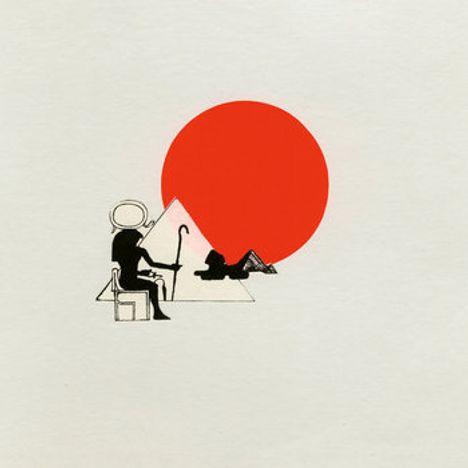 Illustration: Ein schwarzes Männchen mit Hut und Stock sitzt vor einem roten Kreis neben einer Pyramide.