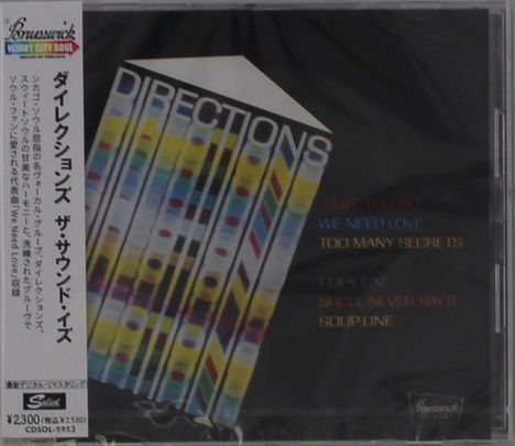 Text: DIRECTIONS, I LOVE YOU SO, WE NEED LOVE, TOO MANY SECRETS, COPY CAT, SHE’LL NEVER SAY IT, SOUP LINE.  
Farbenfrohes, vertikales Design.