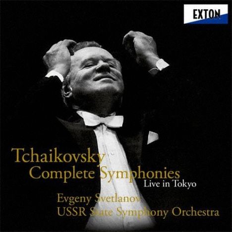 Text: "Tchaikovsky Complete Symphonies Live in Tokyo. Evgeny Svetlanov, USSR State Symphony Orchestra." Schwarz-Weiß-Foto eines Dirigenten.