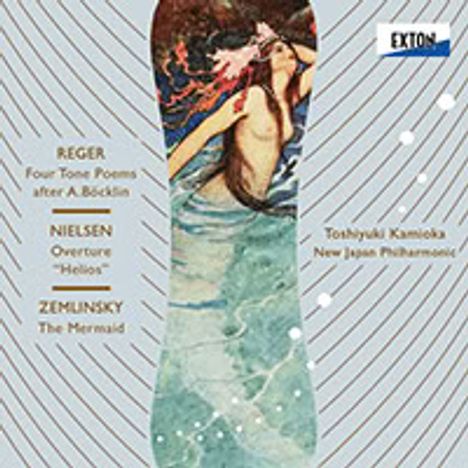 Reger, Nielsen und Zemlinsky sind aufgeführt. Illustration: Eine Frau in Wasser mit fließendem Haar. Oben rechts "Exton".