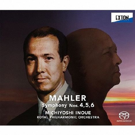Text: "MAHLER Symphony Nos. 4, 5, 6. Michiyoshi Inoue, Royal Philharmonic Orchestra." Zwei Männer, einer im Vordergrund, einer im Profil.
