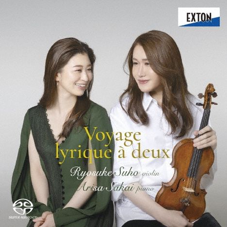 "Voyage lyrique à deux" steht in der Mitte. Links eine Frau in grün, rechts eine Frau in weiß hält eine Violine. Oben rechts "EXTON".