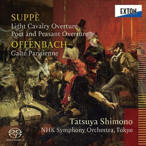 "Suppe: Light Cavalry Overture. Offenbach: Gaîté Parisienne. Tatsuya Shimono, NHK Symphony Orchestra, Tokyo."  
Eine lebendige Szene mit elegant gekleideten Menschen.