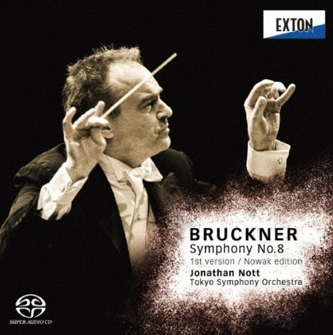 "BRUCKNER Symphony No.8" und "EXTON" erscheinen in einem eleganten Design mit einem Dirigenten in Aktion.