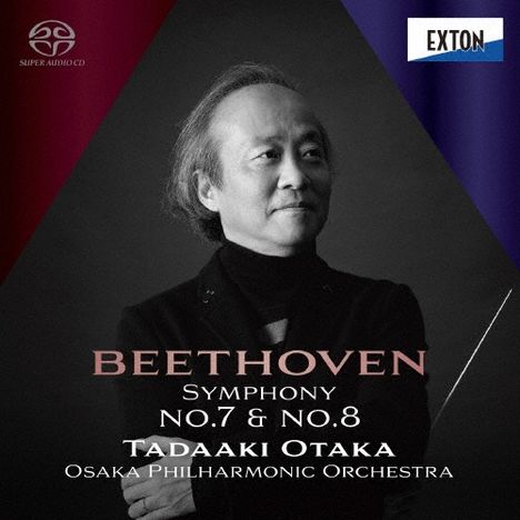 "BEETHOVEN Symphony No.7 & No.8 Tadaaki Otaka Osaka Philharmonic Orchestra" steht auf einem Cover mit musikbezogenem Design.