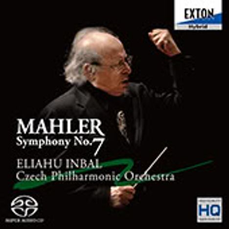 "MAHLER Symphony No. 7" oben, "ELIAHU INBAL Czech Philharmonic Orchestra" unten. Dirigent mit erhobenem Taktstock.
