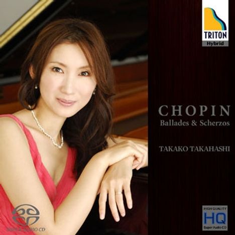 "CHOPIN Ballades & Scherzos TAKAKO TAKAHASHI" steht rechts neben einer lächelnden Frau in rotem Kleid. Rechts oben ist ein TRITON-Logo.