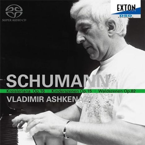 "Schumann", "Kreisleriana Op.16", "Kinderszenen Op.15", "Waldszenen Op.82", "Vladimir Ashkena". Ein Mann spielt Klavier.