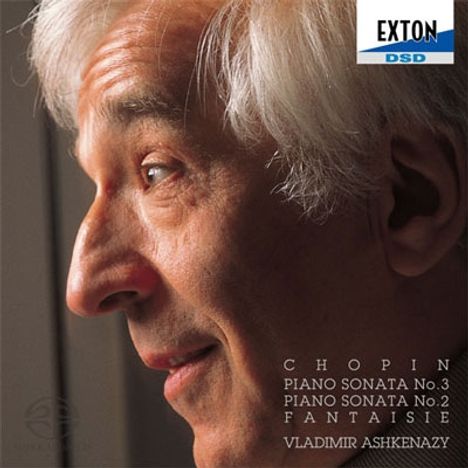 EXTON DSD Logo, Chopin: Piano Sonatas, Fantaisie, Vladimir Ashkenazy. Profil eines älteren Mannes mit grauem Haar.