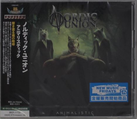 Text: "Nordic Union", "Animalistic", japanische Schriftzeichen, "New Music Fridays". Drei Menschen mit Wolfs- und Fuchsmasken.