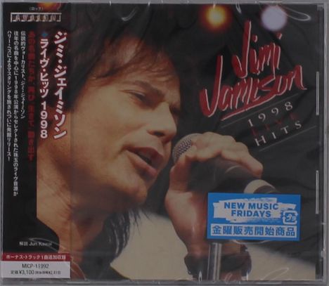 Texte: „Jimi Jamison 1998 Live Hits“, „New Music Fridays“. Ein Sänger hält ein Mikrofon und singt leidenschaftlich.