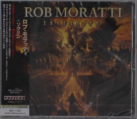 Album-Cover: "ROB MORATTI - SOVEREIGN". Dramatische Himmelsszene mit flammendem Licht über einer Stadtlandschaft.