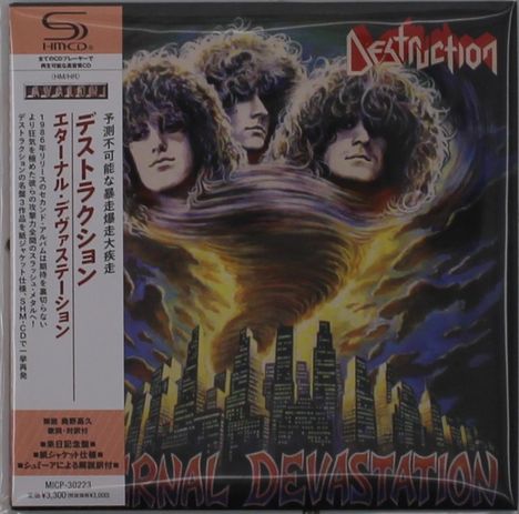 "Destruction" und "Eternal Devastation". Illustration: Drei Köpfe, Haarsturm über Stadt. Japanische Schrift links.