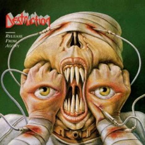 "Destruction. Release From Agony." Surrealistisches Gemälde: Kreatur mit Augen auf Händen, gequältem Gesichtsausdruck.