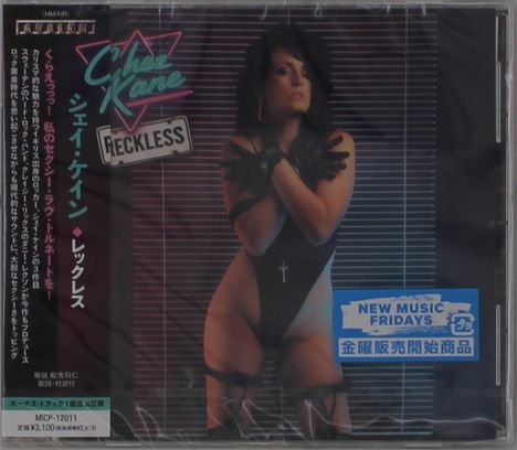 Texte: "Chez Kane", "Reckless", "NEW MUSIC FRIDAYS". Frau in einem schwarzen Outfit vor neonfarbenem Hintergrund.