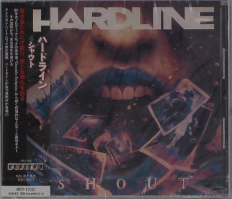Text oben: "HARDLINE". 
Unten: "SHOUT". 
Japanische Schriftzeichen links. 
Nahaufnahme eines Mundes mit blauen Lippen.