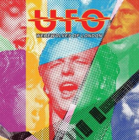 "UFO WEREWOLVES OF LONDON" steht in roten und weißen Buchstaben auf einem bunten, collagierten Hintergrund.