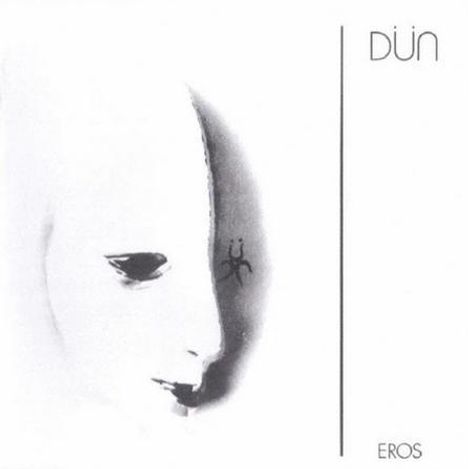 Text: "Dün" und "EROS". Ein schwarz-weißes Gesicht in Seitenansicht mit einem abstrakten Symbol auf der Wange.